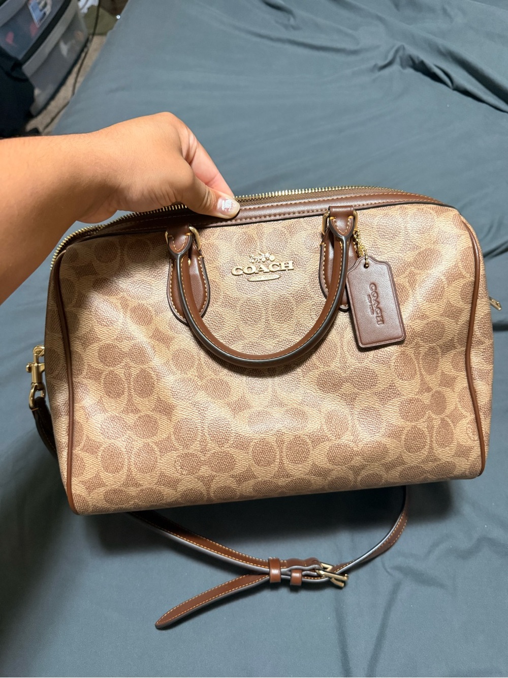 COACH Brown Signature Canvas Satchel with Leather Trim